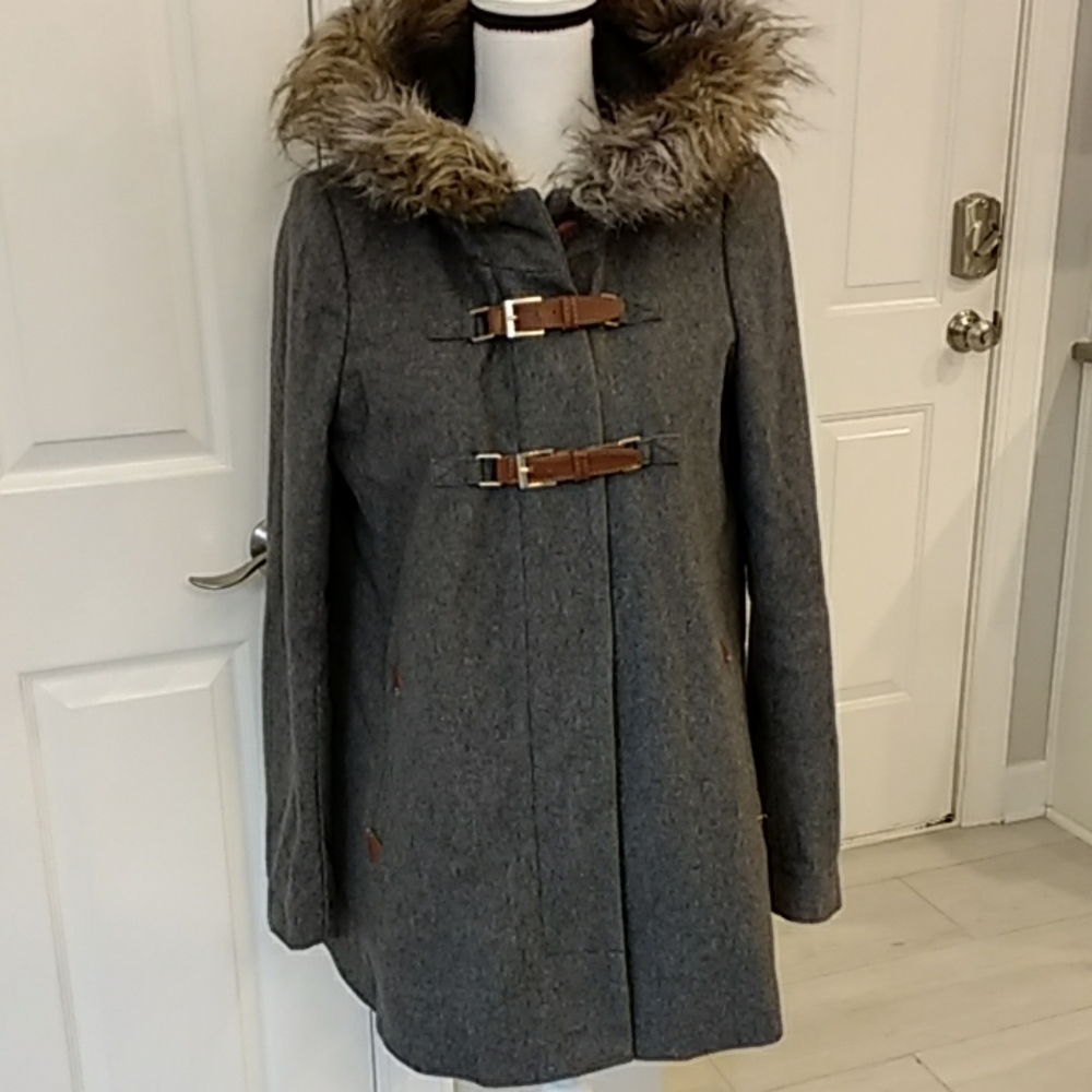 Anthropologie Gray Toggle Coat with Faux Fur Trim - Picture 4 of 9